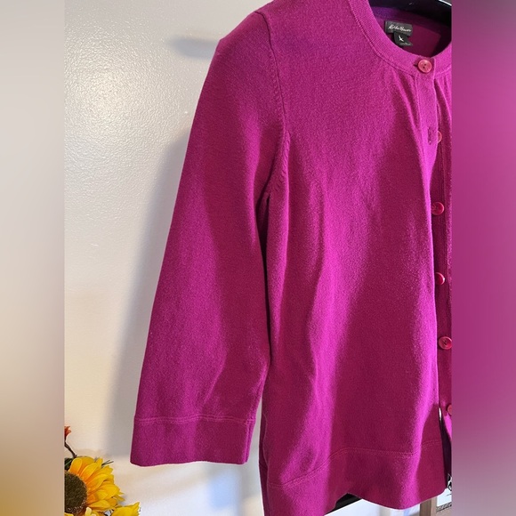 💗 Eddie Bauer Women’s Magenta Button-Front Cardigan 3/4 length lsleeve– Size L 💗 - Picture 3 of 6